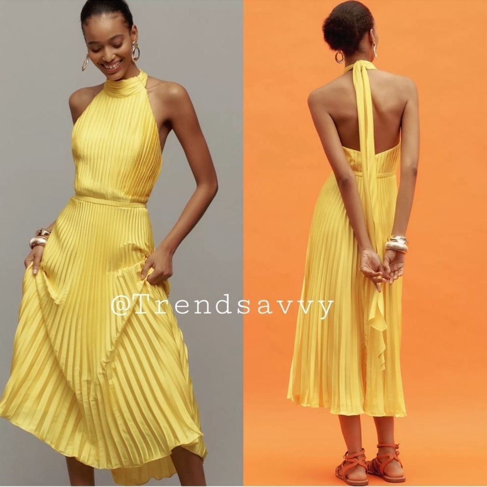 Anthropologie Mac Duggal Yellow Pleated Halter Midi Dress 12 Wedding Guest Event - Picture 9 of 10